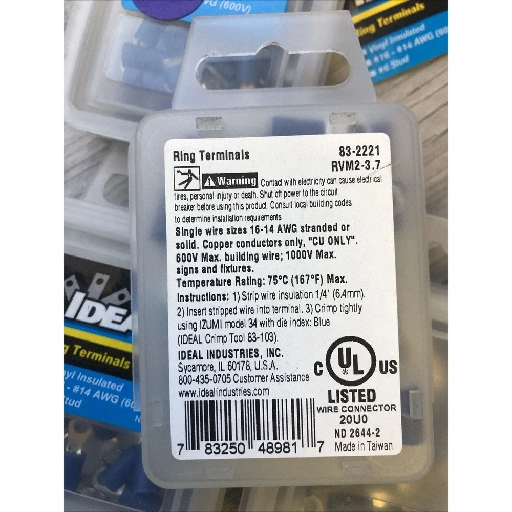 Ideal 83-2221 Vinyl Insulated Ring‎ Terminal, 16-14 AWG, #6 Stud, 250/Box